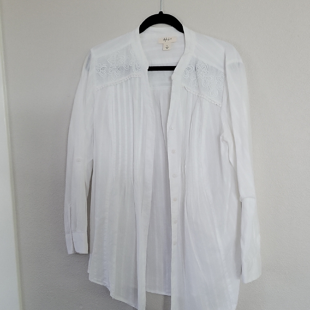 Style & Co. White Embroidered Blouse Large Tunic Length